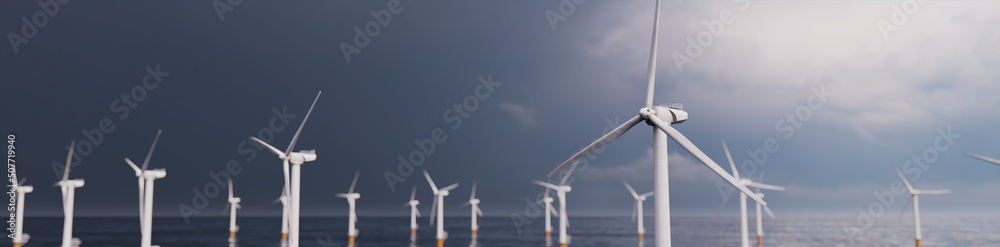 Wind Power. Offshore Wind Turbines on an Overcast Morning. Environmental Electricity Concept. Wind Power. Offshore Wind Turbines on an Overcast Morning. Environmental Electricity Concept.
