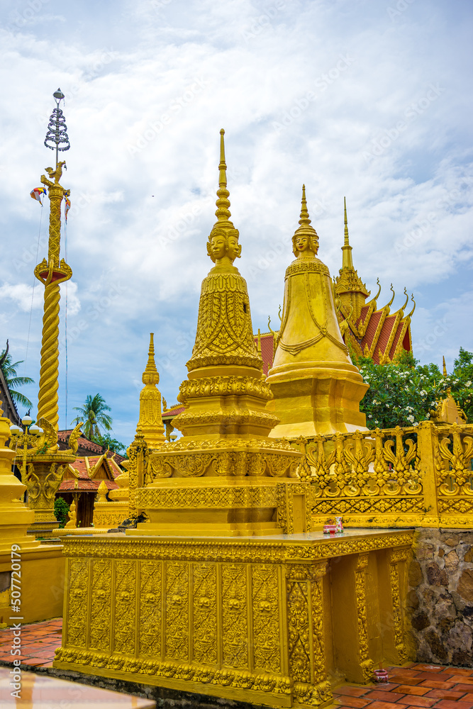 Fototapeta premium view of Xa Ton or Xvayton pagoda in Tri Ton town, one of the most famous Khmer pagodas in An Giang province, Mekong Delta, Vietnam.
