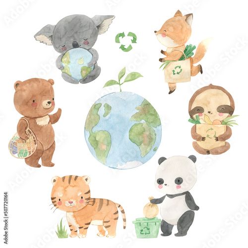 Canvas Print Watercolor save the planet illustration for kids