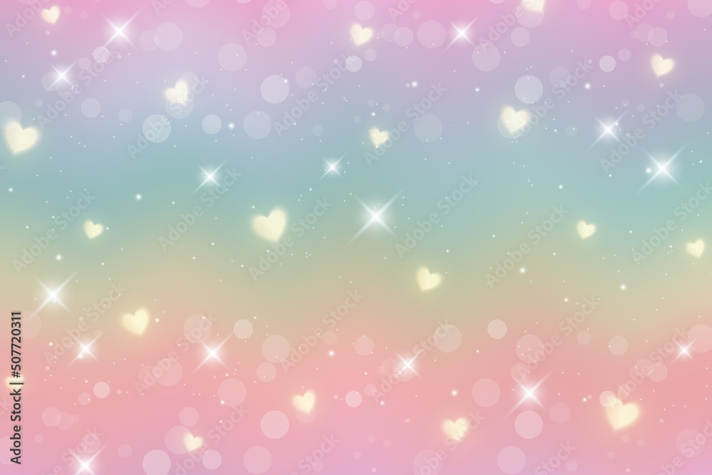 Rainbow fantasy background with hearts and stars. Holographic illustration in pastel colors. Cute cartoon unicorn wallpaper. Bright multicolored sky. Vector.