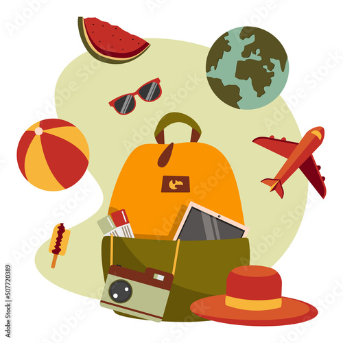 summer time holiday illustration with with backpacks and vacation ornaments