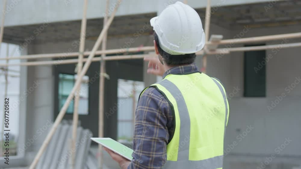 Professional male civil engineer or architect wear safety helmet. While engineer, inspector walking use tablet technology for check list building project on construction site. Real estate concept. Professional male civil engineer or architect wear safety helmet. While engineer, inspector walking use tablet technology for check list building project on construction site. Real estate concept.