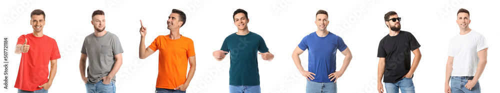 Set of handsome young men in modern t-shirts isolated on white Set of handsome young men in modern t-shirts isolated on white
