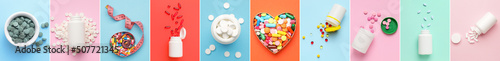 Collage with different pills on colorful background photo