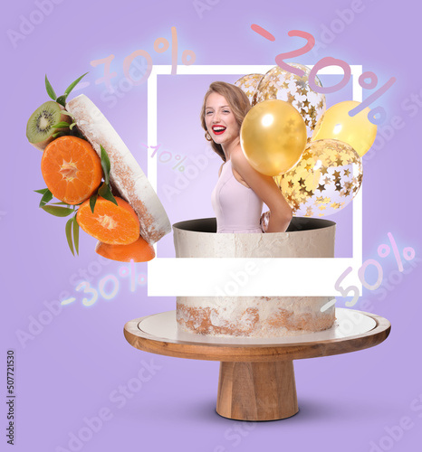 Collage with happy woman, c...