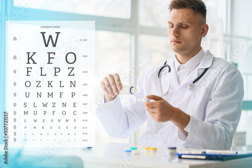 Collage with eye test chart and male ophthalmologist in clinic