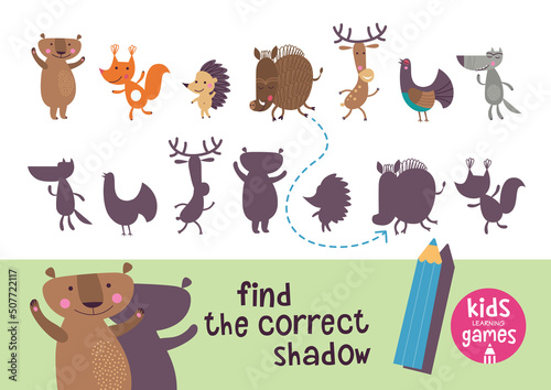 Find the correct shadow. Kids learning games collection. Forest animals.