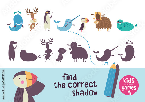 Find the correct shadow. Kids learning games collection. Arctic animals. 