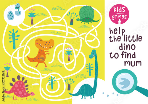 Funny maze for children. Help the little dino to find mum. Kids learning games collection. 