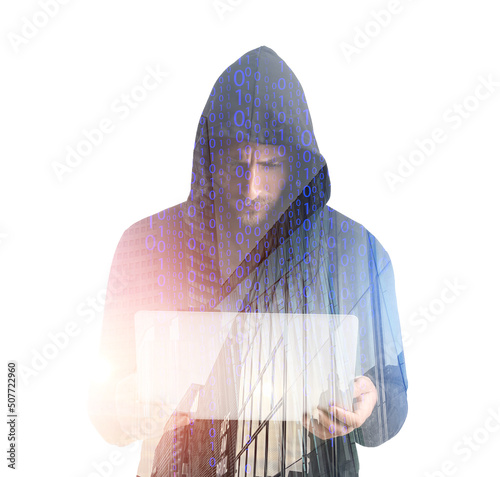 Hacker with laptop on white...