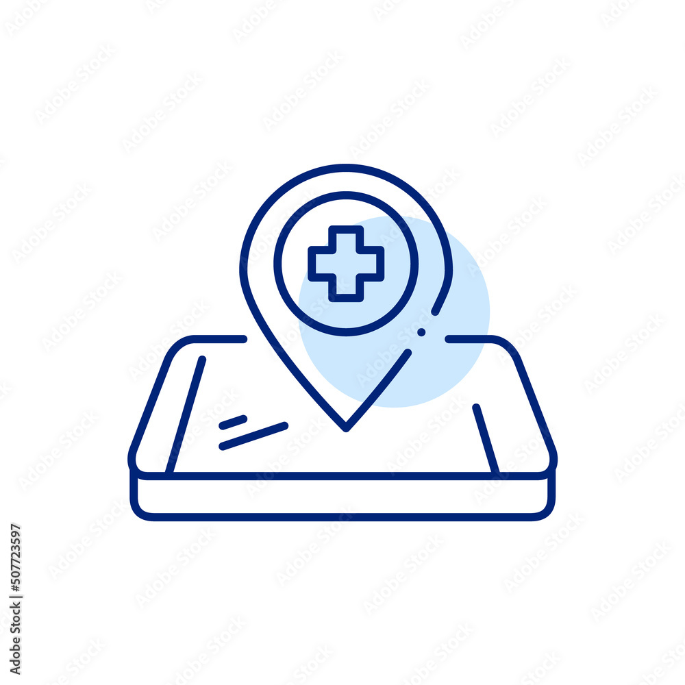 Hospital or other healthcare provider location app. Map pointer on an isometric smartphone. Pixel perfect, editable stroke line art icon Hospital or other healthcare provider location app. Map pointer on an isometric smartphone. Pixel perfect, editable stroke line art icon
