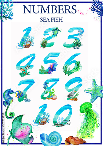 Watercolor poster with numbers and animal toys,tutorial,A2 printable poster. photo