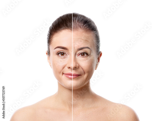Beautiful young woman with silky skin after spa treatment on white background photo