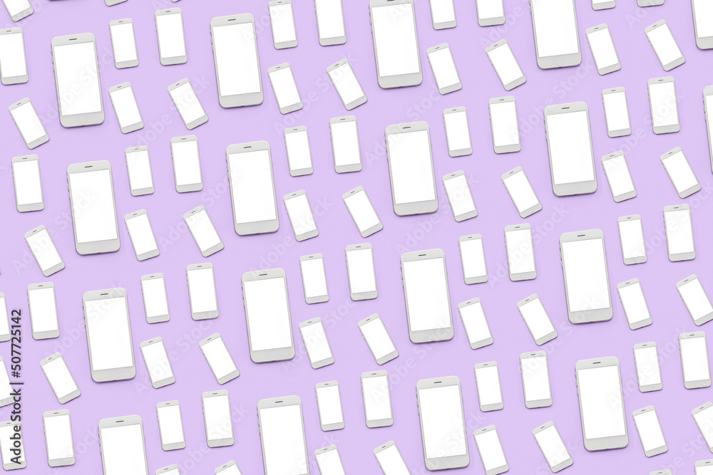 Many smartphones with blank screens on lilac background. Pattern for design