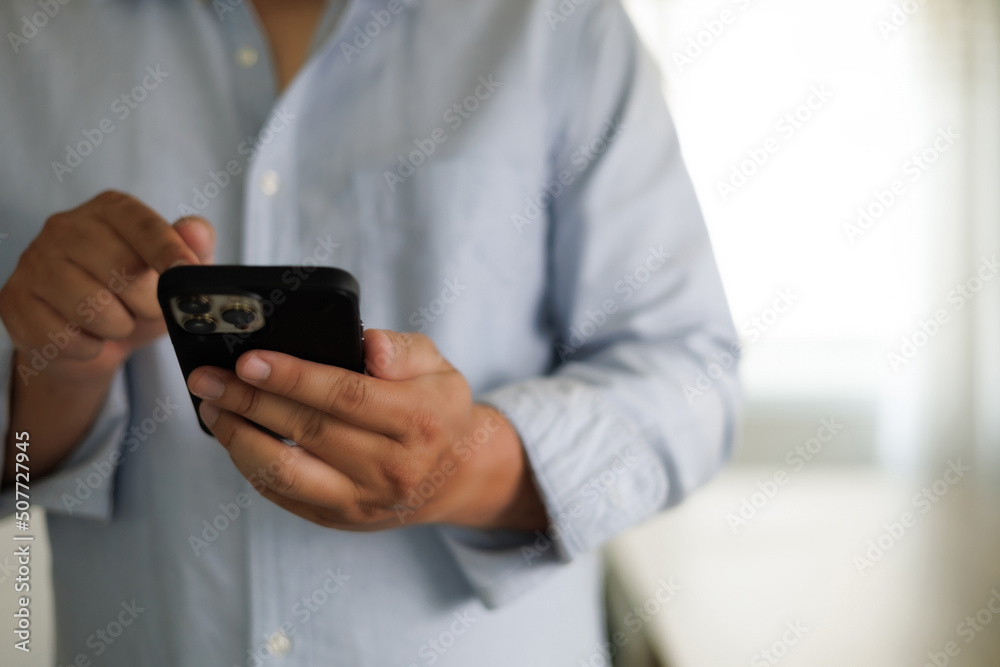 Top view mockup  man sitting and holding blank screen  lifestyle technology and Social media network