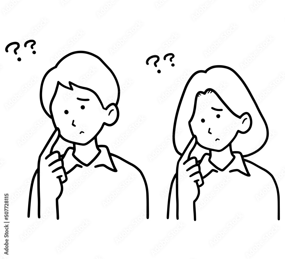 考える、疑問に思うカップルのイラスト素材セット　線画のみ