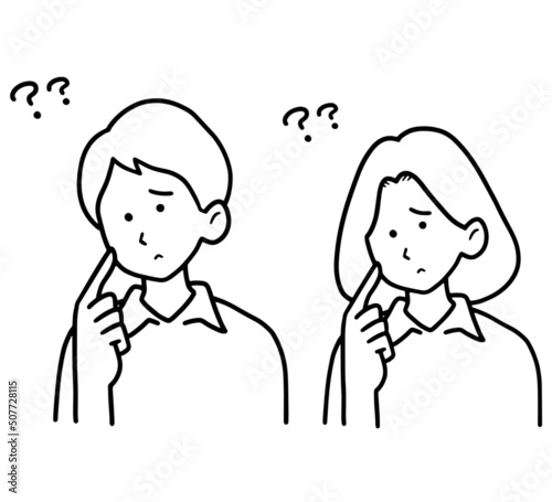 考える、疑問に思うカップルのイラスト素材セット　線画のみ