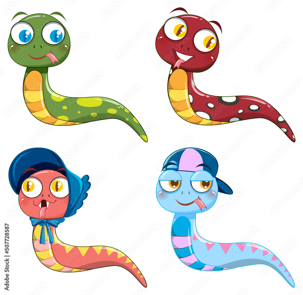 Fototapeta premium Set of different cute snakes in cartoon style