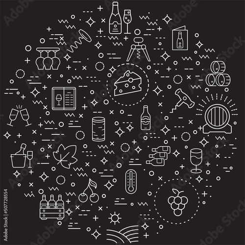 Simple Set of wine and alcohol Related Vector Line Illustration. Contains such Icons as drink, glass, barrel, grape, bottle, vineyard and Other Elements. Modern style line drawing and background 