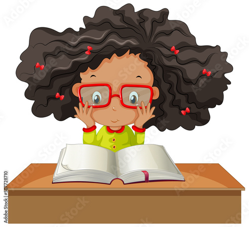 A girl reading a book on white background