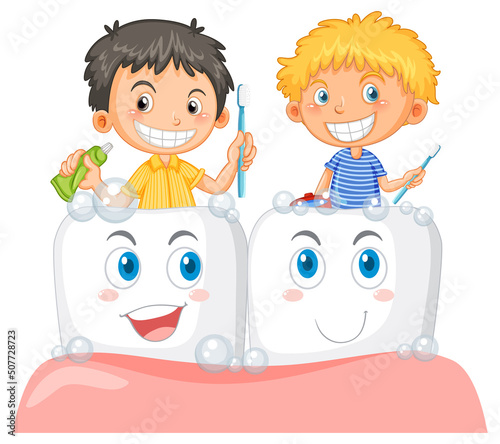Group of children cleaning teeth