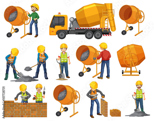 Set of construction site objects and workers