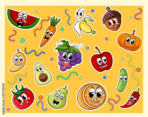 Set of funny fruit cartoon characters