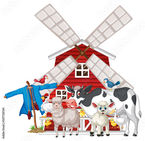 Many farm animals and barn