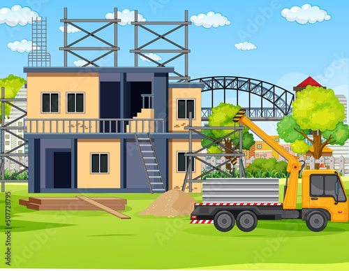 Cartoon scene of building construction site