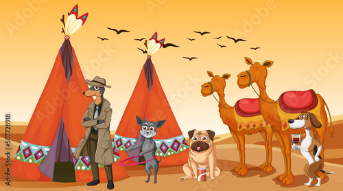 Outdoor desert scene with many dogs and camels
