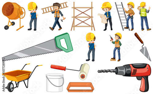 Construction worker set with people at work
