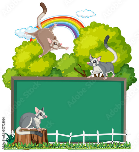 Frame design with three sugar gliders in garden