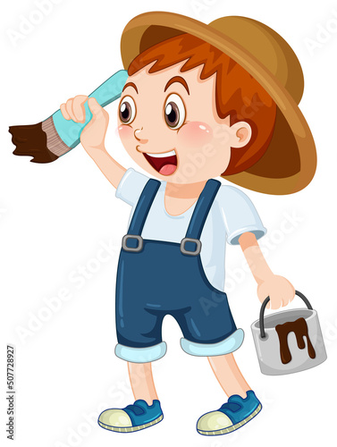 Painter boy holding bush and colour bucket
