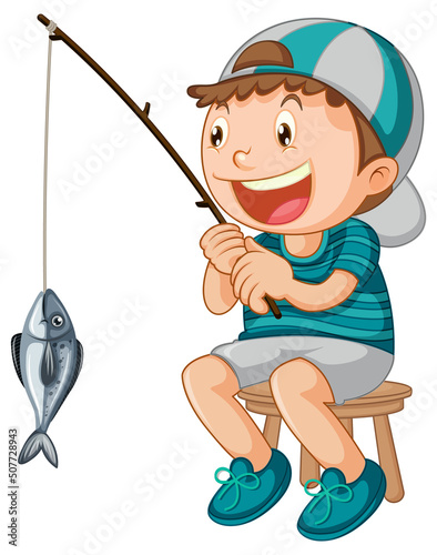 Happy kid sitting on a chair fishing