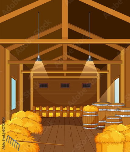 Barn indoor scene with farm animals