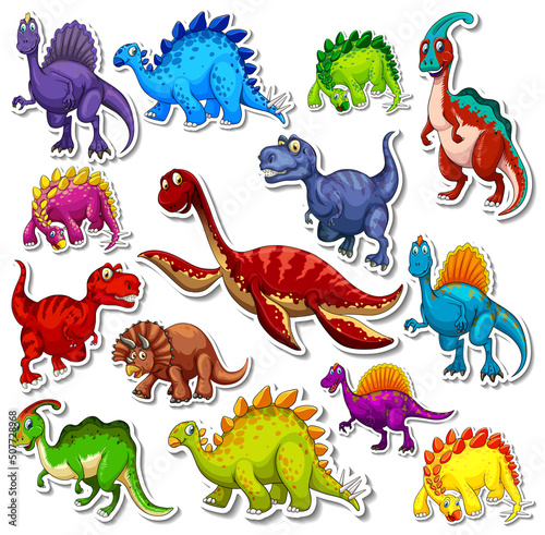 Sticker set of different dinosaurs cartoon