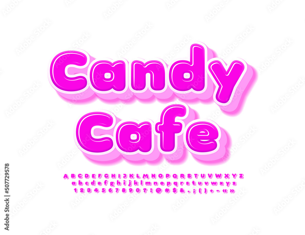 Vector bright emblem Candy Cafe with 3D Pink Font. Sweet Alphabet Letters, Numbers and Symbols set