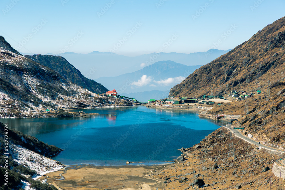 Sikkim, India - January 1, 2021: Blue Lake in Sikkim Mountains