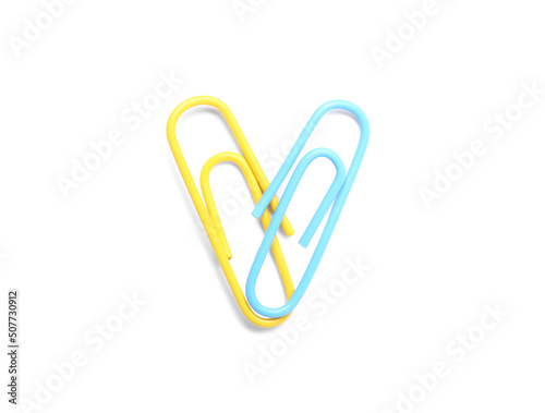 Yellow and blue paper clips on white background