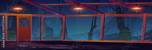 Night greenhouse empty interior with creepy trees at darkness behind of glass windows. Winter garden, orangery, hothouse cartoon background, Halloween spooky place inside view, Vector illustration