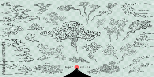 浮世絵タッチの波打つ雲デザインセット。