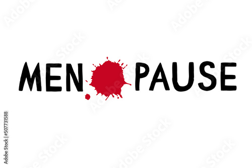 Menopause phrase with blood spot drop, on isolated background website banner advertisement. Concept of support, stop menstruation period or menopause advert. Medical healthcare, gynecology estrogen