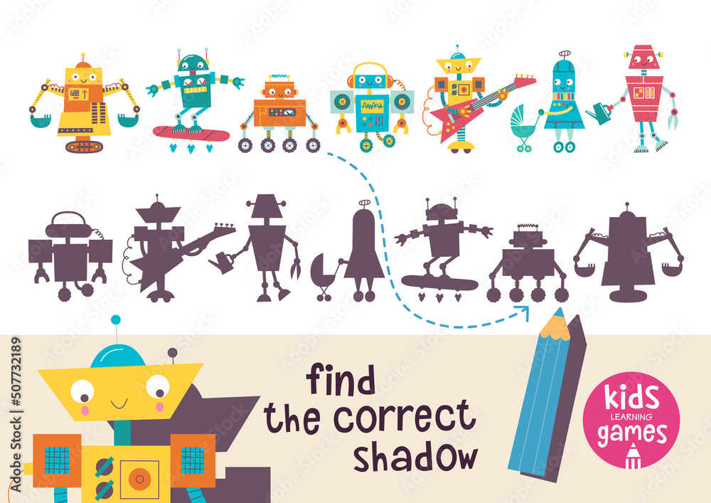 Kids learning game. Find the correct shadow.