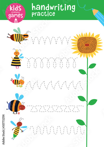 Handwriting practice. Kids learning games collection. Cute bees.