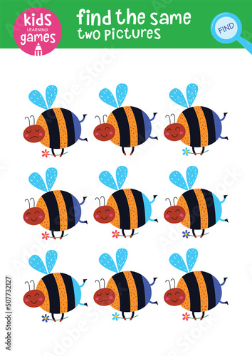 Find the same two pictures. Kids learning games collection. Cute bumblebee.