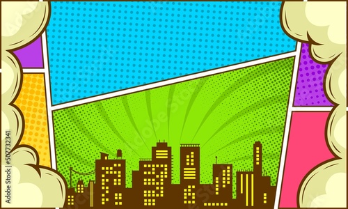 Colorful comic background with city silhouette