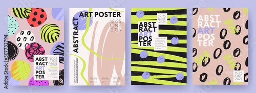 Creative posters in contemporary art style for events and festivals, branding, social media advertising, promo. Modern cover design template with abstract hand drawn doodle lines, dots, blobs