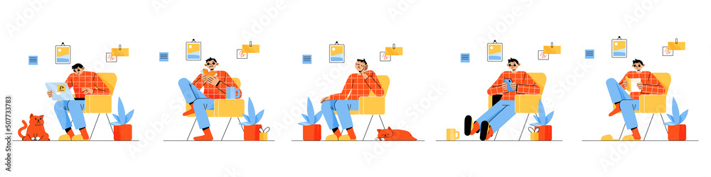 Man sitting in chair at home and work online. Remote worker or student use laptop, mobile phone, eat, read book and sleep in house. Vector set of flat illustrations of girl freelancer lifestyle Man sitting in chair at home and work online. Remote worker or student use laptop, mobile phone, eat, read book and sleep in house. Vector set of flat illustrations of girl freelancer lifestyle