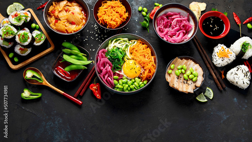 Fotografie, Obraz Assortment of Korean food on dark background.