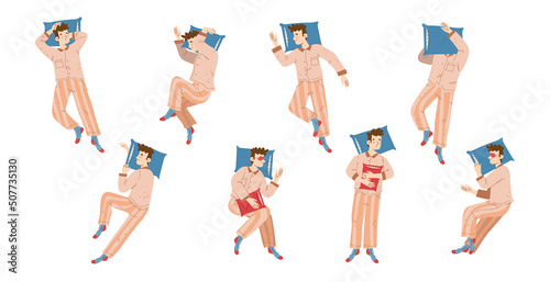 Man sleep in different poses top view. Vector illustration of guy sleepers in pyjama and mask relax in various positions on bed with pillows and blanket